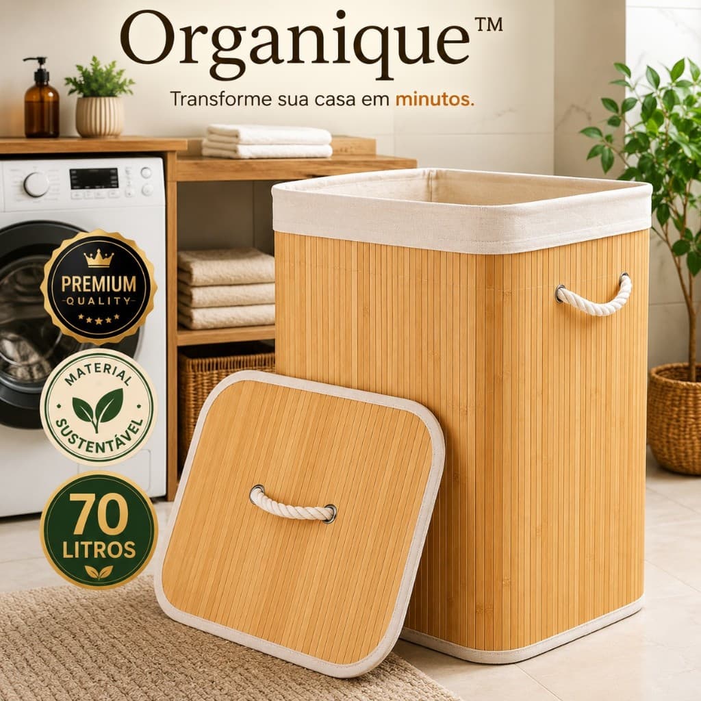Cesto Organizador de Bambu 70L com Tampa para Roupas