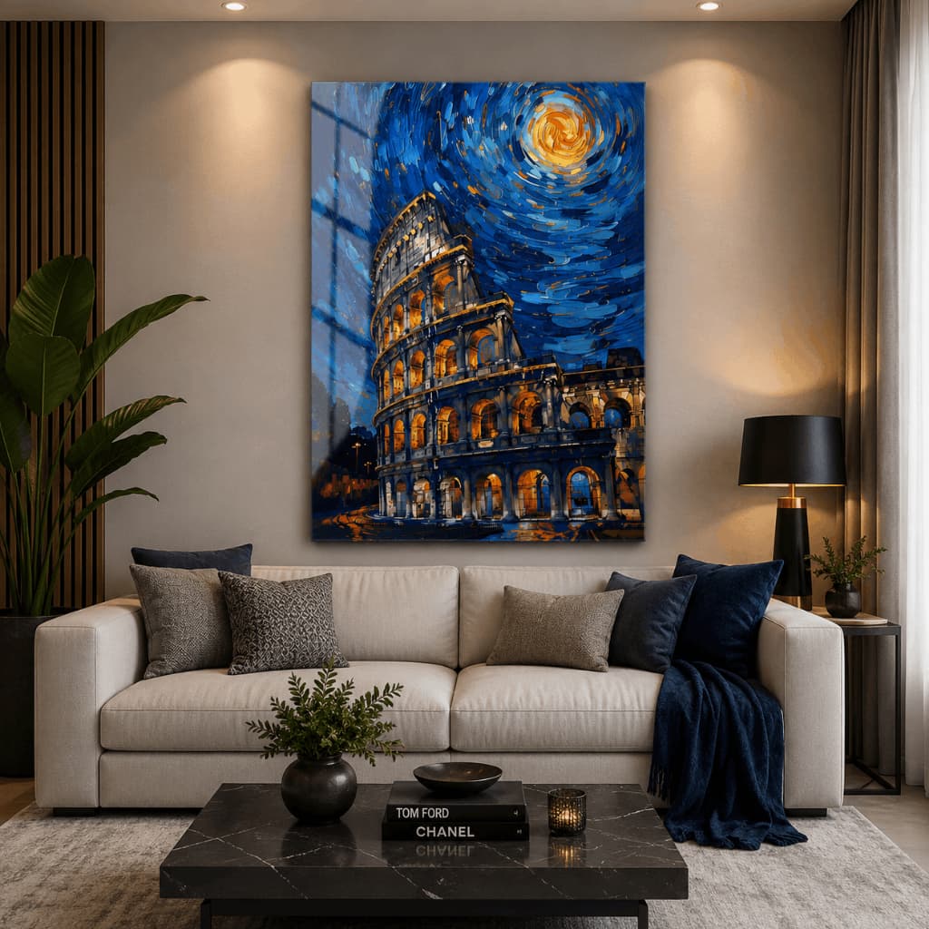Quadro Decorativo Coliseu Roma Noite Azul Arte Abstrata Premium Para Sala