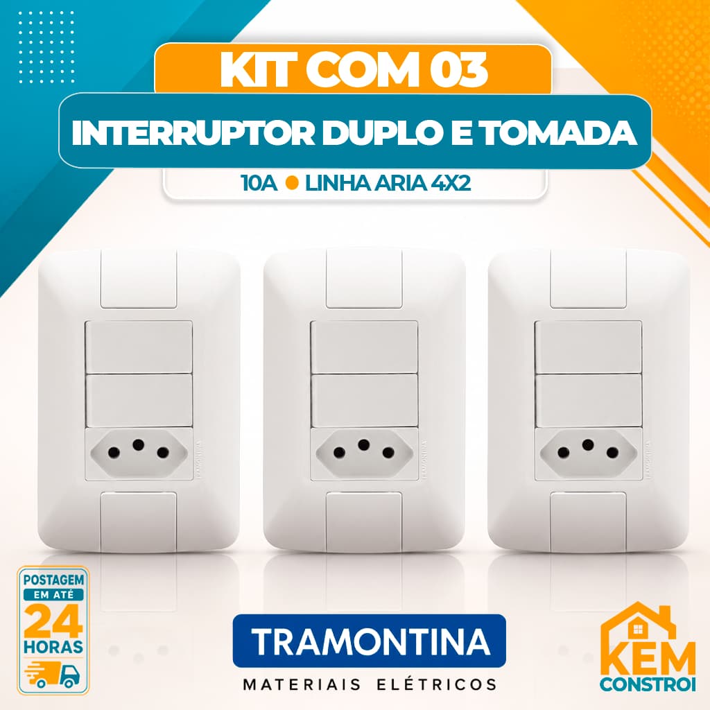 Kit 03 Un Interruptor Duplo + Tomada 10A Aria Tramontina 4x2 Tomadas e Interruptores