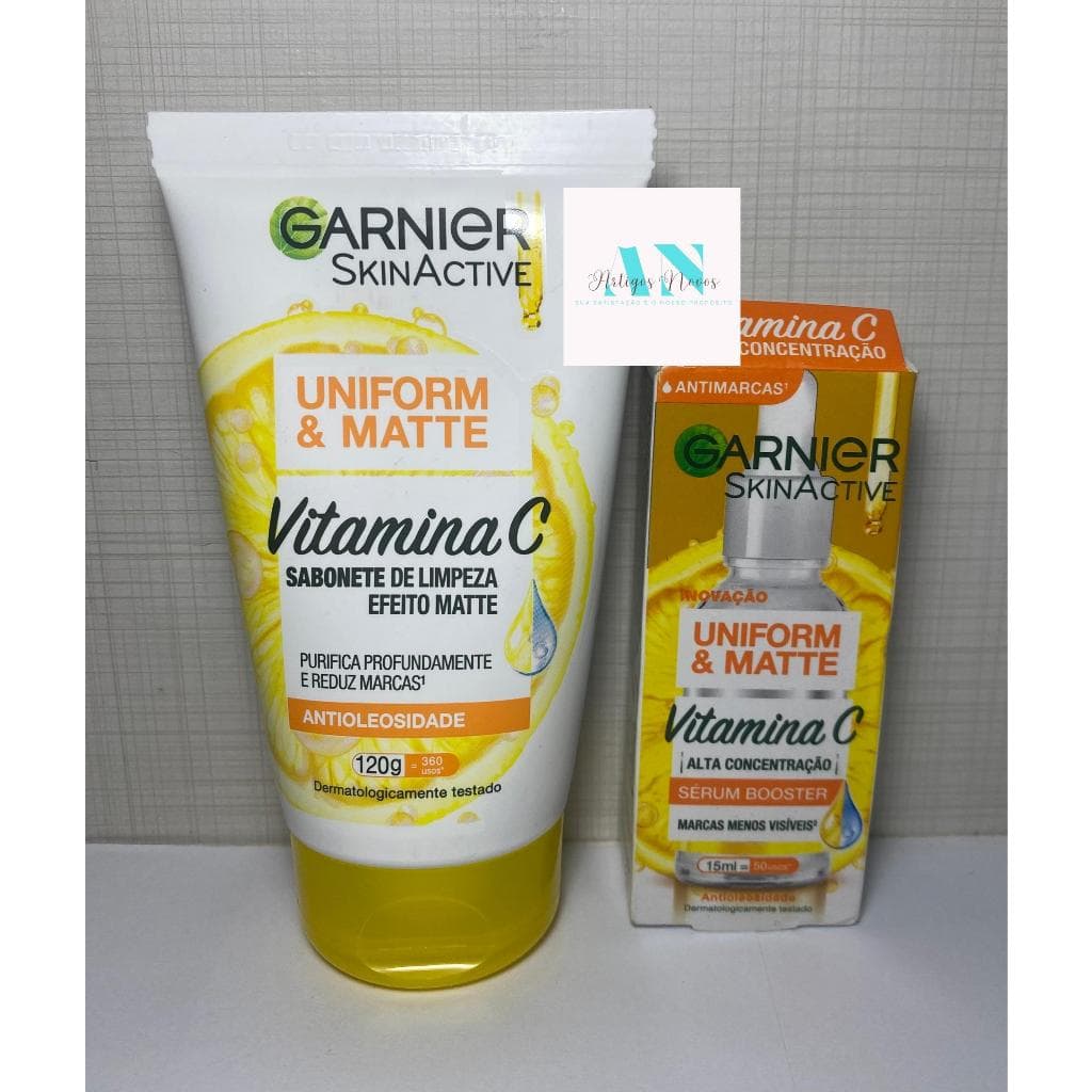 Garnier Uniform & Matte, Kit Skincare Creme de Limpeza Facial Vitamina C 120g + Sérum Booster Antimarcas 15ml,
