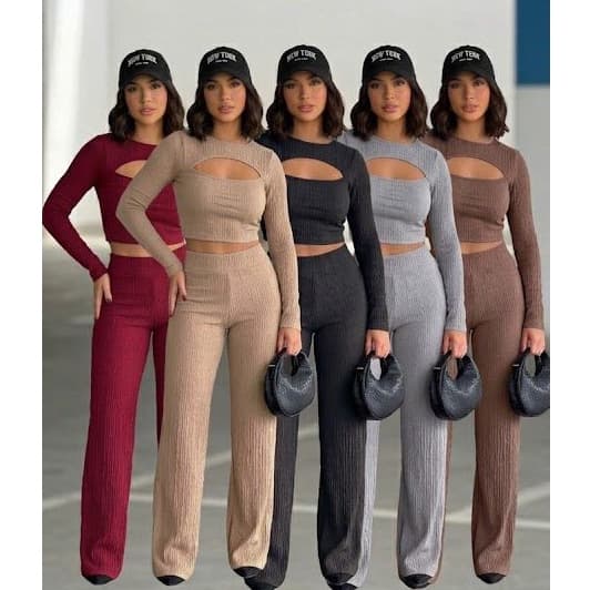 Conjunto Canelado Anarruga – Cropped Cut-Out & Calça Wide Leg Tamanho único