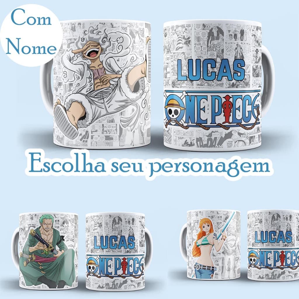 caneca one piece personalizada com nome escolha seu personagem 325ml alto brilho cerâmica