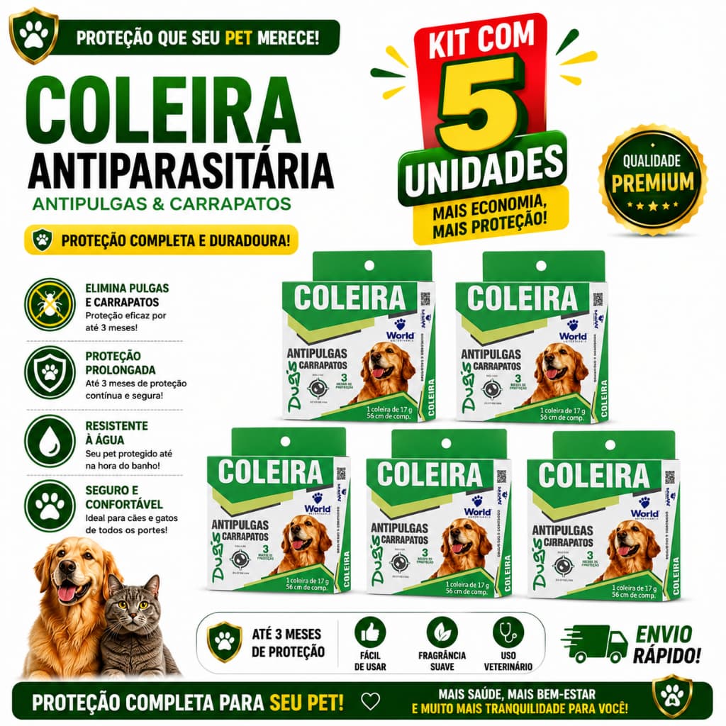 Kit com 5 Coleiras Antipulgas Carrapatos Dugs Cães todos os portes - 56 cm Validade 2026