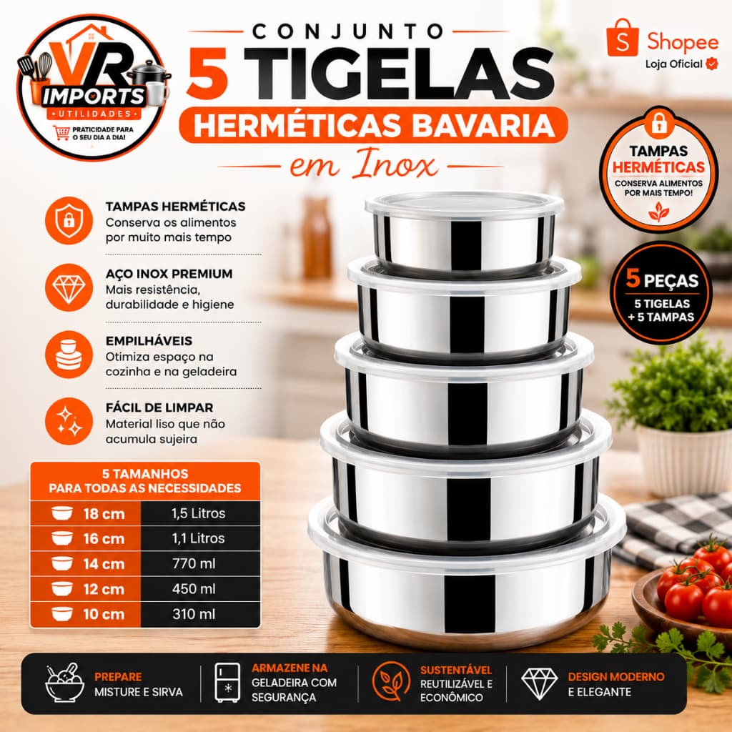 Kit 5 Potes Herméticos Inox Bavaria Tampa Vedação Mantimentos Café Açúcar Grãos