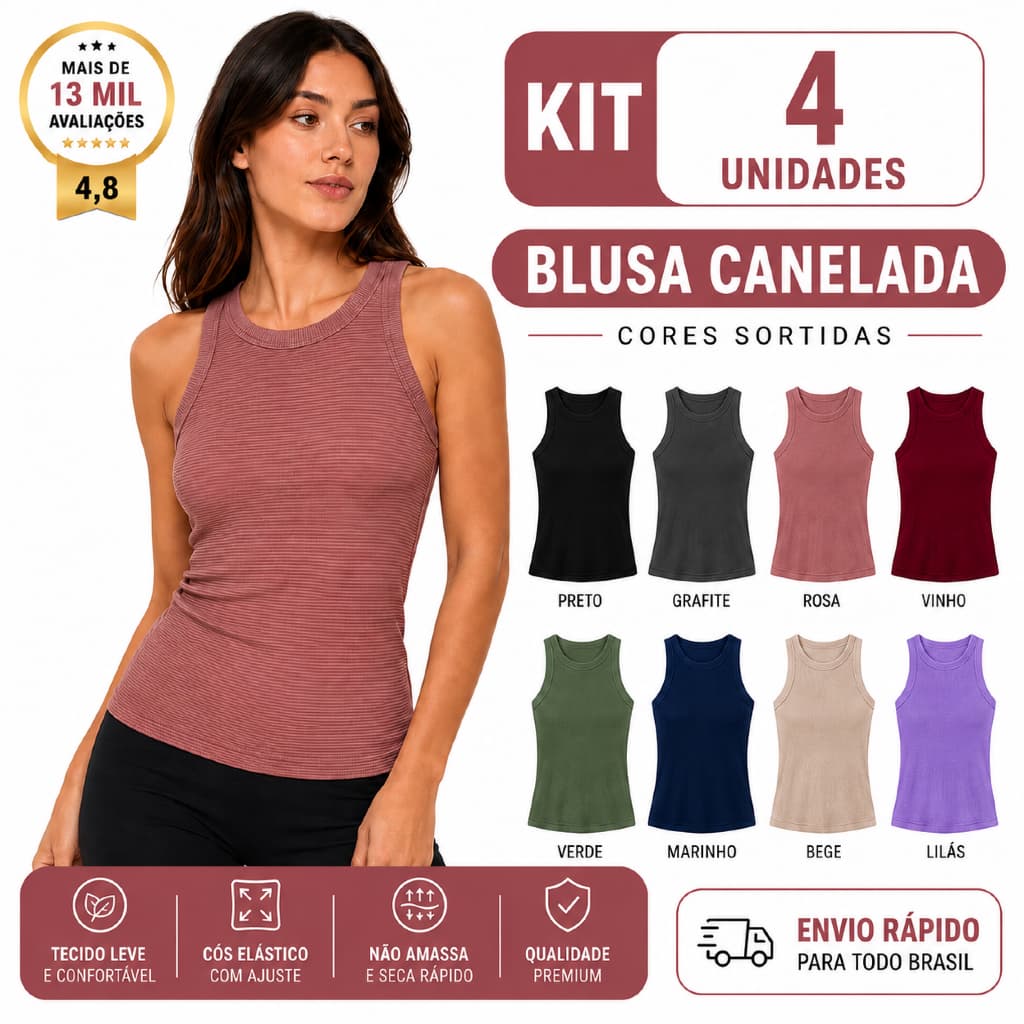 Kit 4 Unidades regata Feminina canelada moda casual malha fria