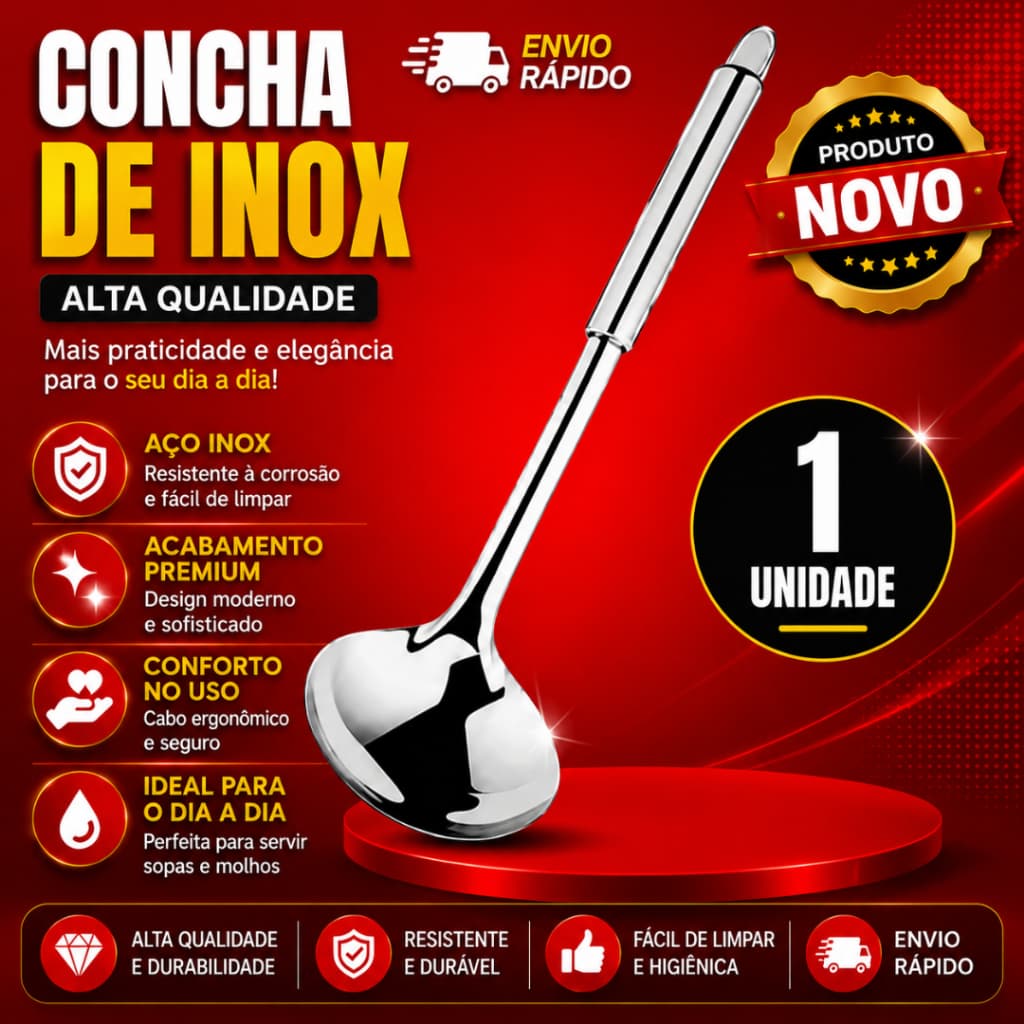 1 Unidade de Concha Linha  D’Casa 33cm  Aço Inox de Alta Qualidade Designer Perfeito