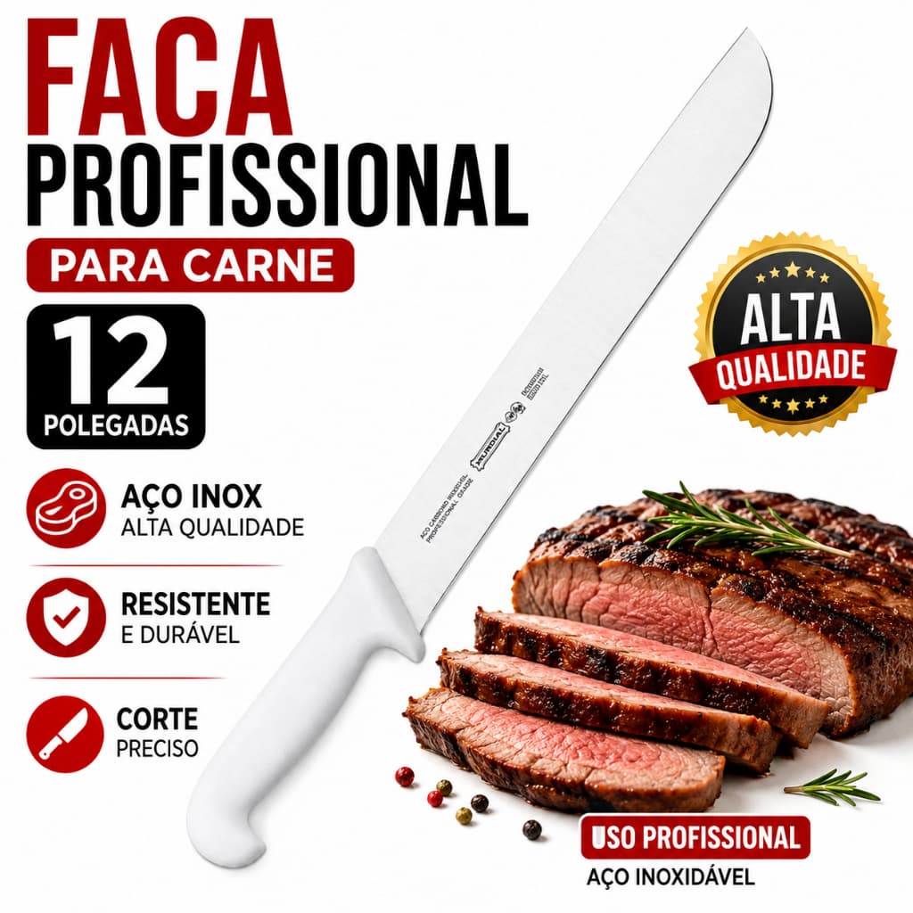 Faca Profissional Cozinha Carne 12 Açougue Chef Inox ALTA QUALIDADE Mundial