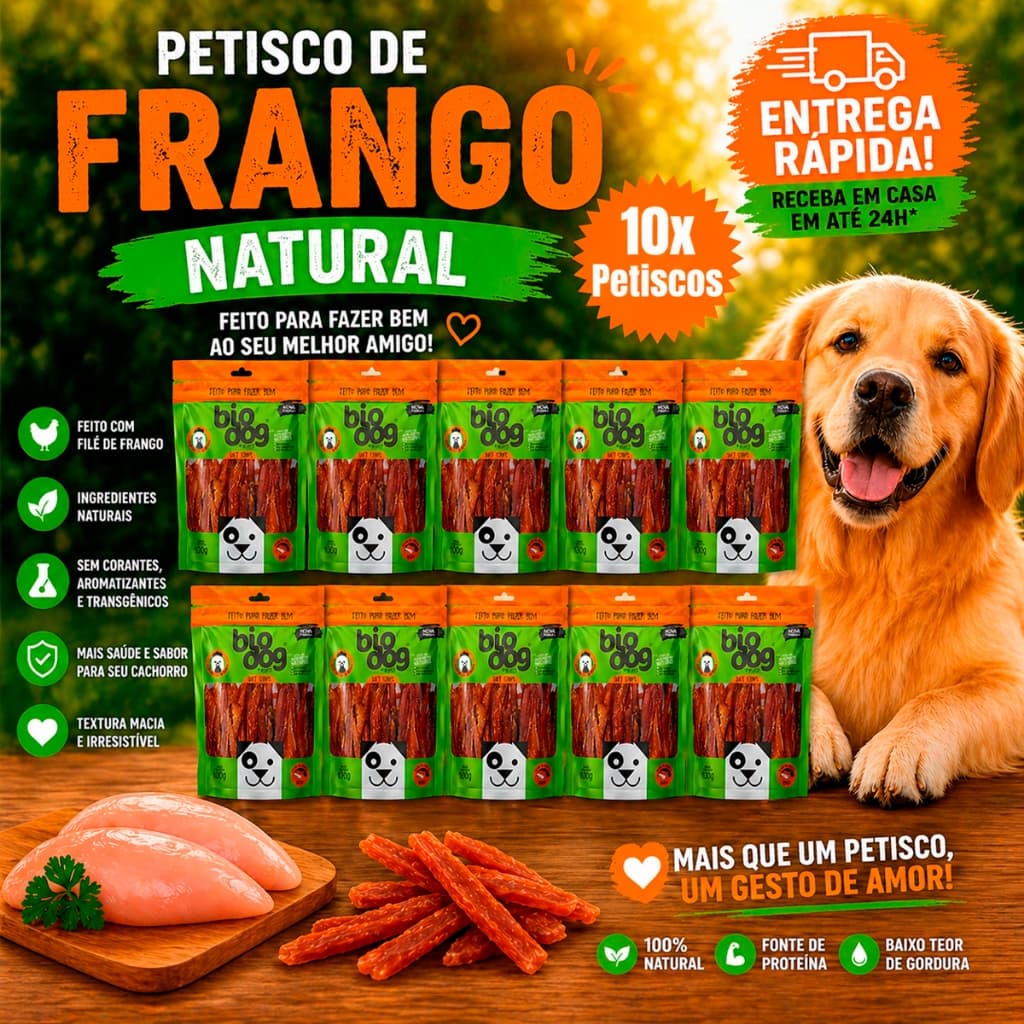 Kit 10 Bifinho Petisco Natural Snack Biscoito Cães Biodog Mordedor Gourmet Soft Strips Frango
