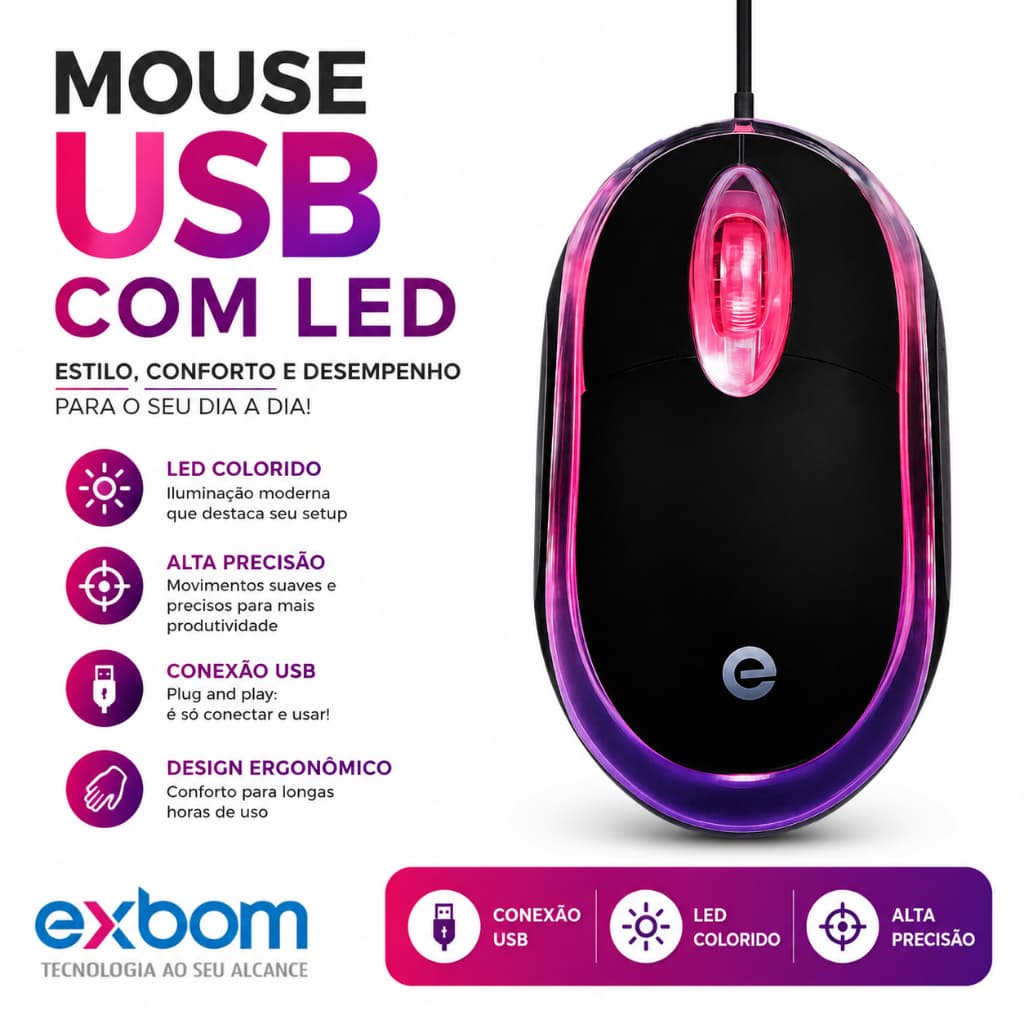 Mouse Óptico Usb Com Led Para Computador Fio Ms-9 Cor Preto