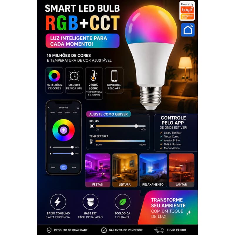 Lâmpada LED Inteligente Bluetooth RGB 15W E27 Smart Life 16 Milhões de Cores Controle por App Bivolt