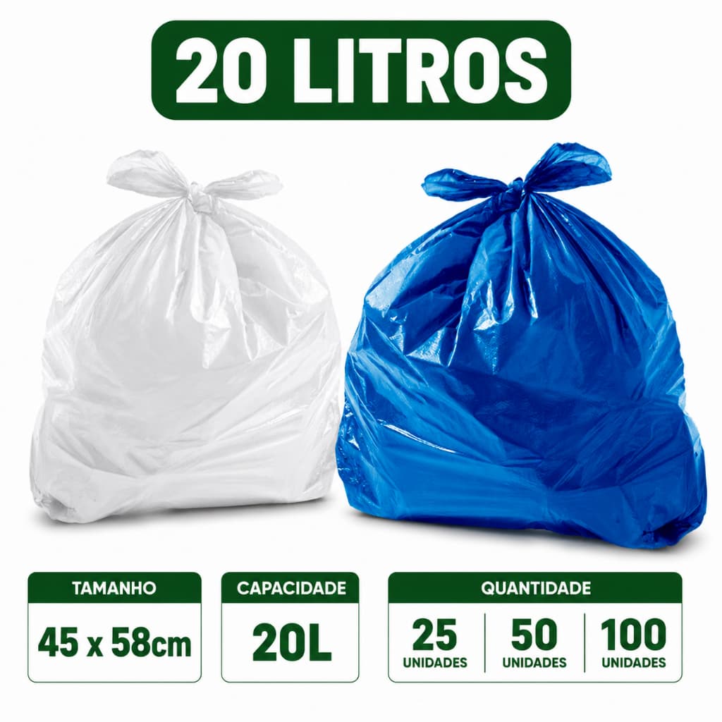 Saco de lixo 20 litros Colorido Branco ou Azul Com 25, 50 ou 100 unidades