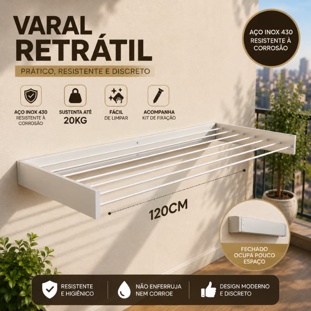 Varal Retrátil Magico 120cm  Aço galvanizado 7 Varetas de Parede -  Pratico Elegante