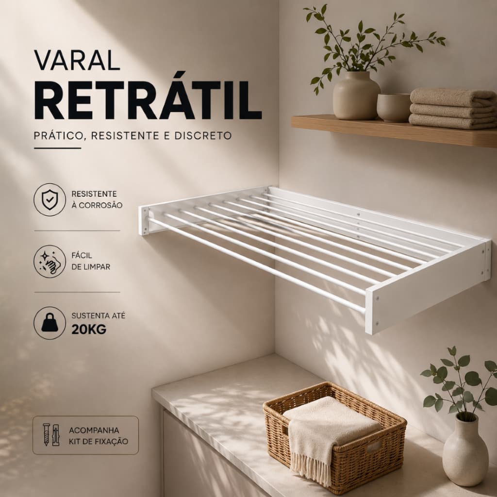 Varal Mágico Retrátil 120cm –Aço galvanizado com 7 Varetas, Ideal para Espaços Pequenos
