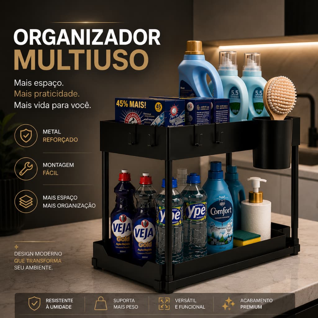 Organizador Multiuso 2 Andares Metal Preto Para Cozinha Lavanderia Área de Serviço Porta Detergente Temperos Utensílios