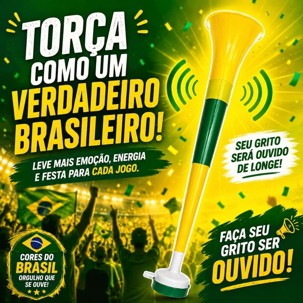 Corneta Brasil Verde Amarela 40cm Fácil de Montar Torcida Seleção Copa do Mundo