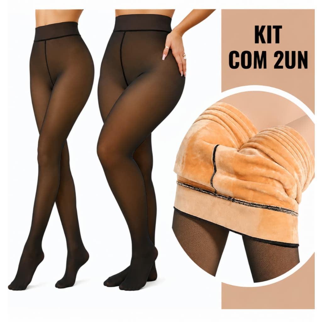 kit 2 Meia Calça Térmica Forrada Peluciada Translúcida de Lã Feminina Super Elástica Slim
