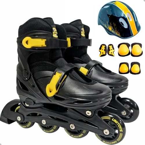 Patins Roller Inline Infantil Preto e Amarelo Regulável Rodas 65mm