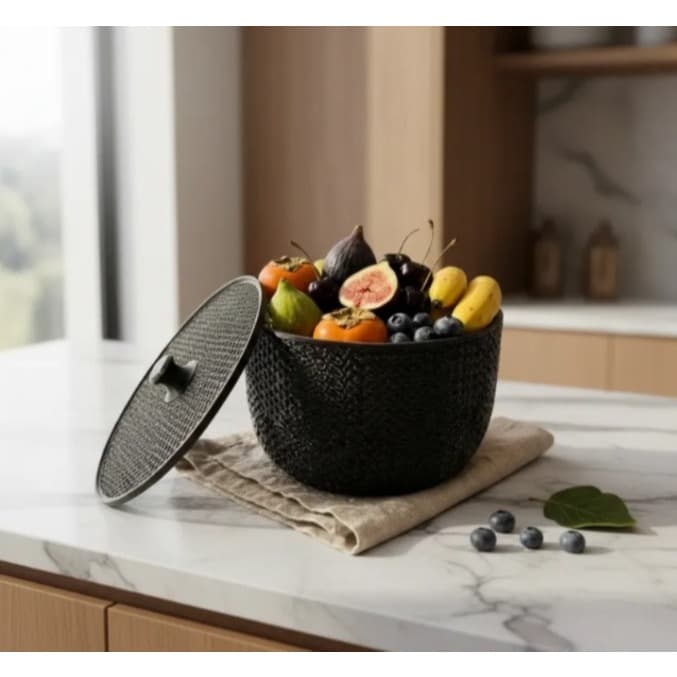 Cesta Com Tampa Para Organização Mesa Frutas Ou Legumes Plástico PLA Ecologico Preto