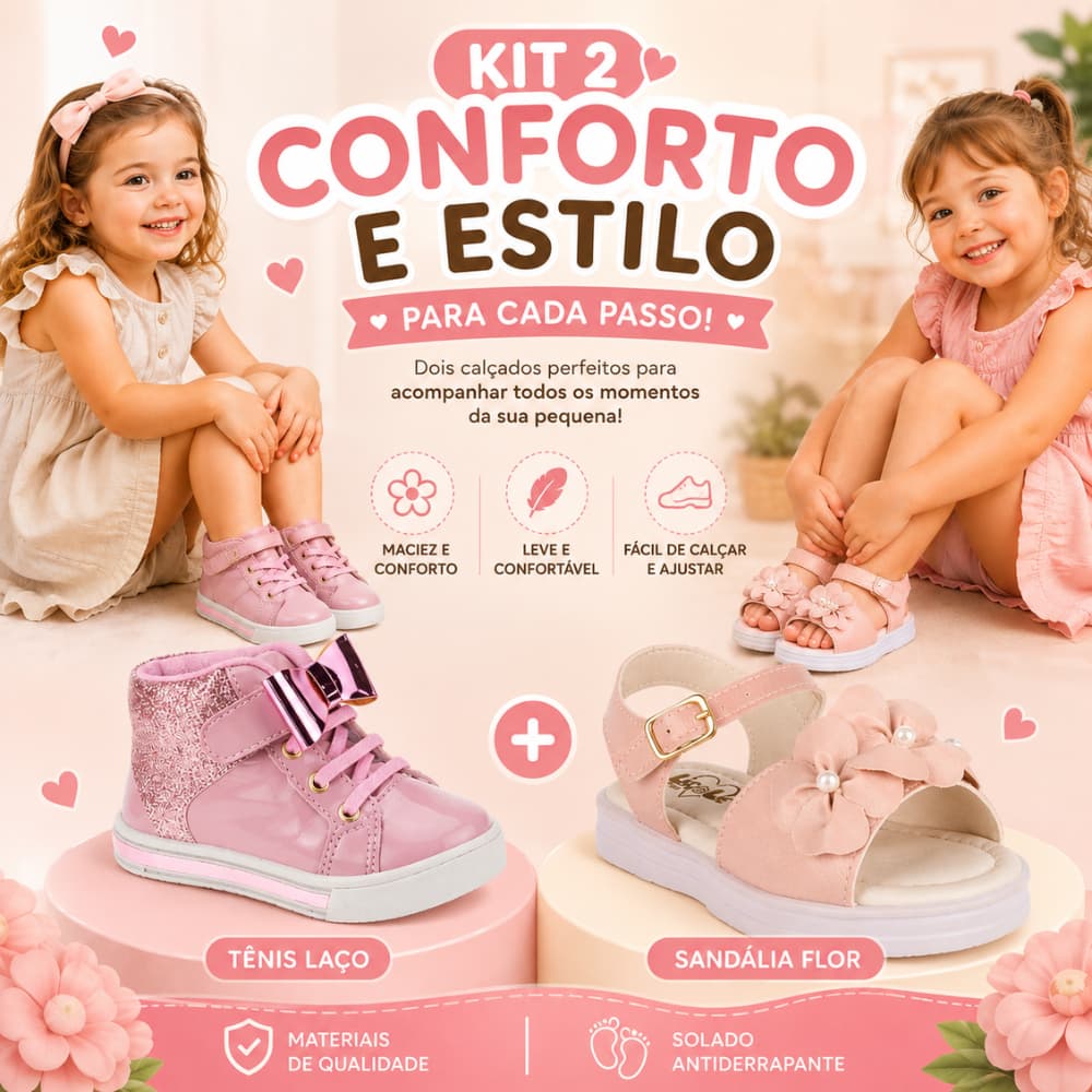 KIT 2 Pares Sandália Infantil Menina com Enfeite Flor e Pérolas + Tênis Cano Médio Gliter Confortável