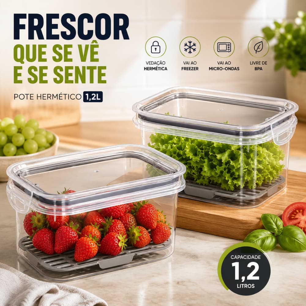 Potes Porta Frios 1,2 Litros Trava Mais Herméticos Escorredor Organizador Alimentos Marmita Plasútil