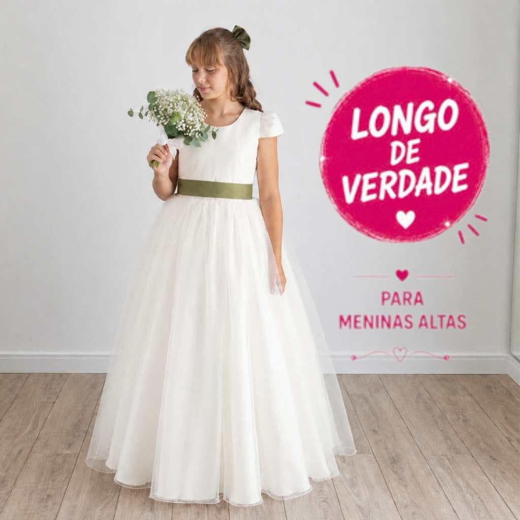 Vestido Daminha Longo para meninas Altas TALL Off White Infantil 10 A 16 25 cores de faixa  ref4166