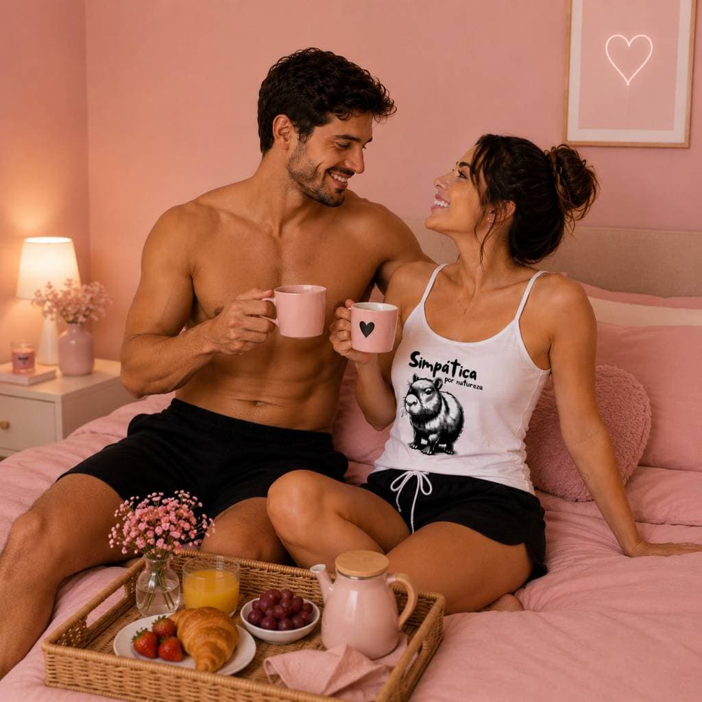 Pijama Casal Baby Doll Feminino Capivara Simpática + Samba Canção Preto