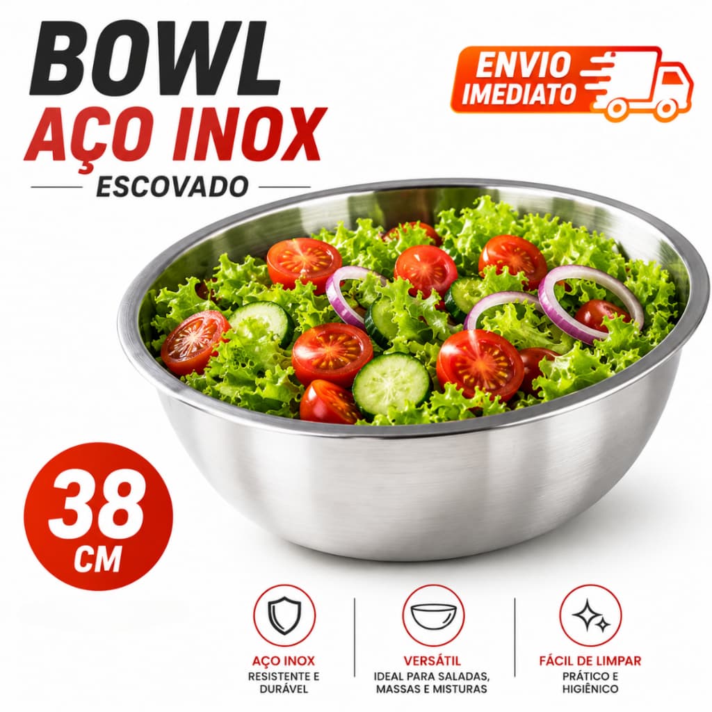 Saladeira Bowl Tigela Aço Inox Escovado 38cm Bacia Mistura Massa Prateado Cozinha resistente inox