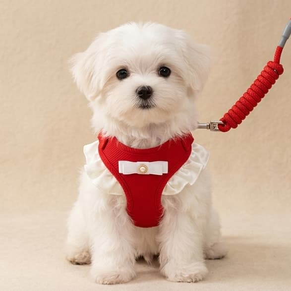 Peitoral e Guia 120cm Cachorro Até 5kg Estilo Princesa Babados Pérola 4 Cores