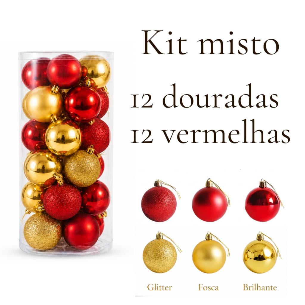 Kit Bolinhas de Natal 24 Unidades Enfeite Para Arvore 6cm Misto Vermelhas e Douradas Glitter, Brilhante e Fosca