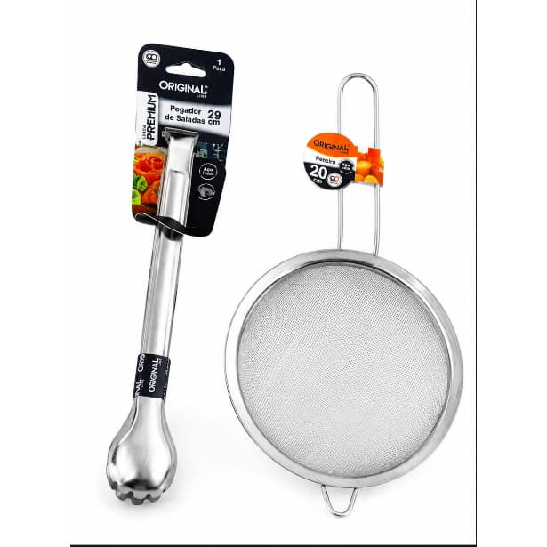 Kit Peneira 20cm + Pegador de Salada 29cm em Aço Inox