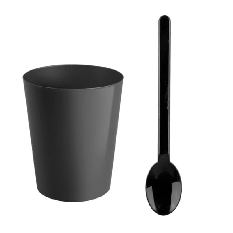 Kit 20 un Copo Acrílico 25ml + Mini Colher Preto para Doces Mousse Brigadeiro Sobremesa