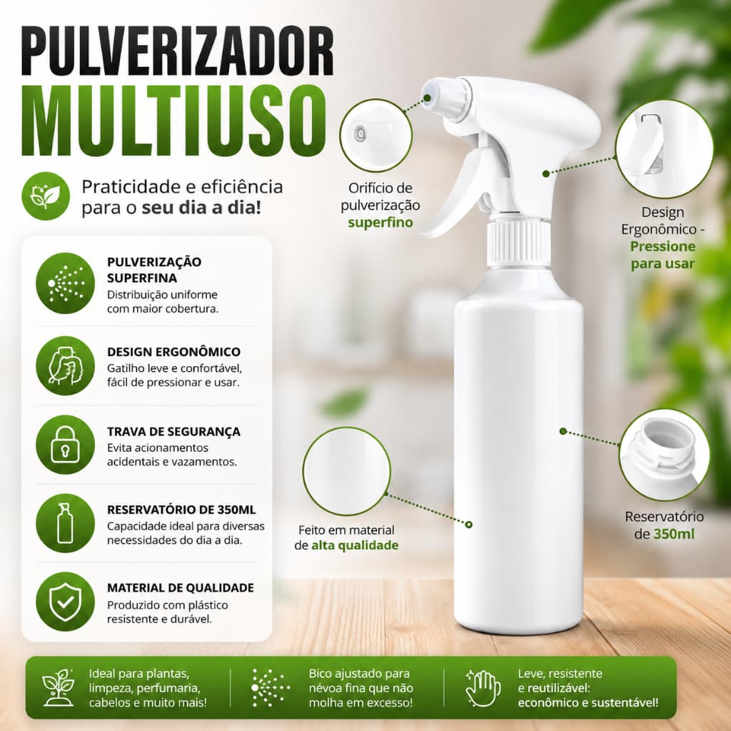 Borrifador Spray Pulverizador Agua Nevoa 350ml Jato Contínuo