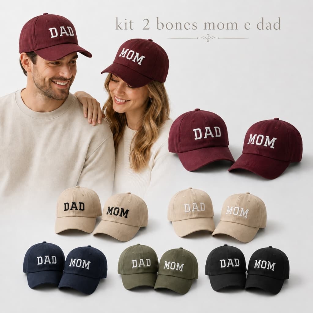 Kit 2 Bonés Dad e Mom Pai Mãe Beisebol Bordado Retrô Unissex Com Regulagem Algodão Macio Estiloso