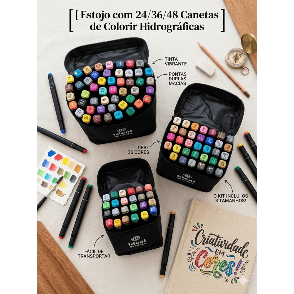 Caneta Hidrográfica Colorida 24/36/48 Cores Vibrantes Atacado