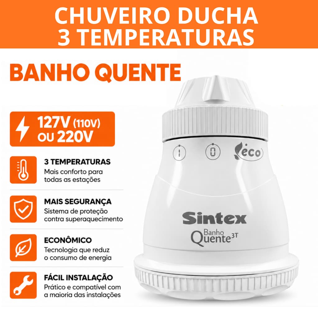Chuveiro Ducha Elétrico Sintex Banho Quente 3 Temperaturas 3T Com Cano Chuveirinho 127V 220V