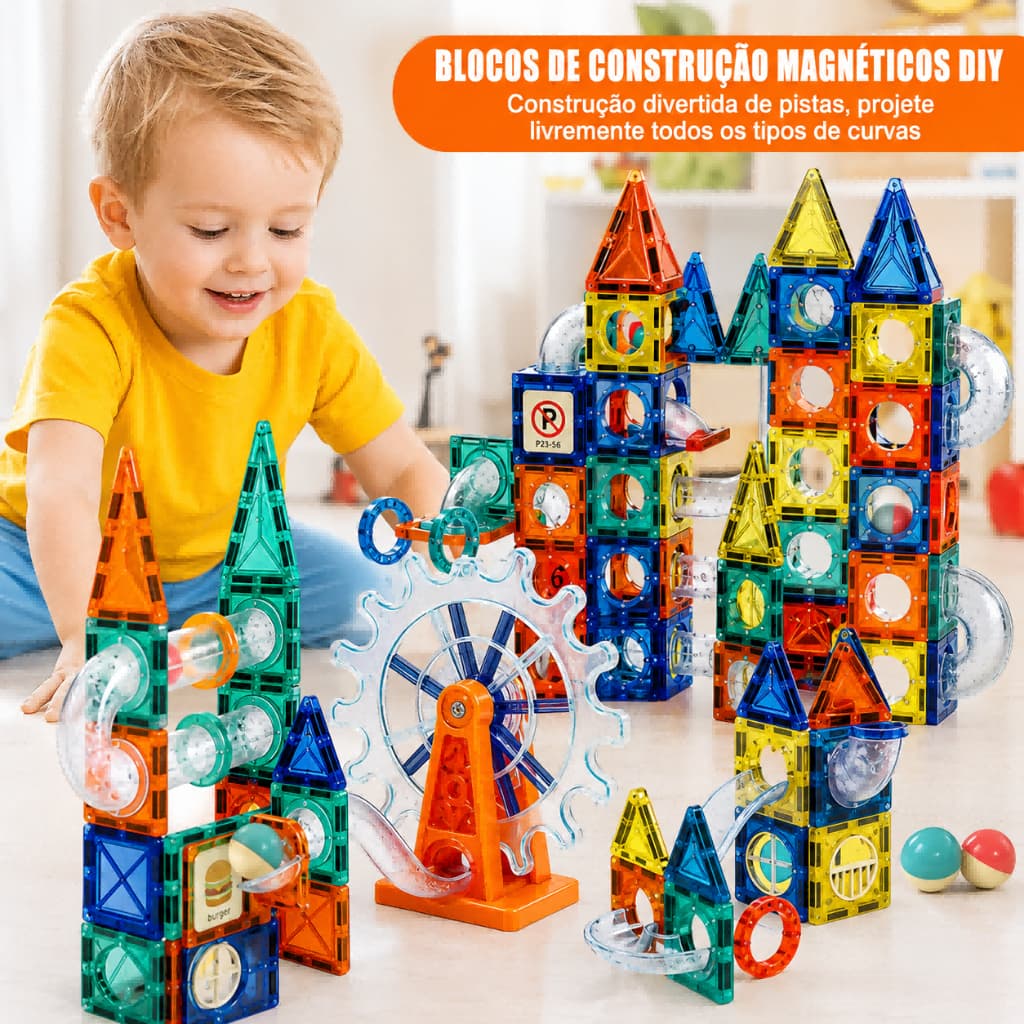 Blocos Magnéticos Marble Run 143 Peças com Elevador  Motorizado – Pista Bolinhas DIY STEM Educativo +3 Anos