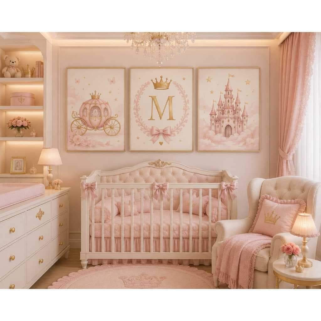 Kit Quadros Princesa Menina Personalizado Nome Inicial Castelo Carruagem Quarto Bebê Infantil MDF 3 Peça
