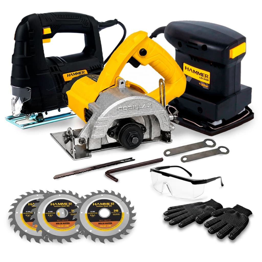 Kit Serra Mármore Madeira 4.3/8 15000rpm Com Serra Tico Tico 400W + Lixadeira Orbital 1/4 Hammer 220v E Acessórios