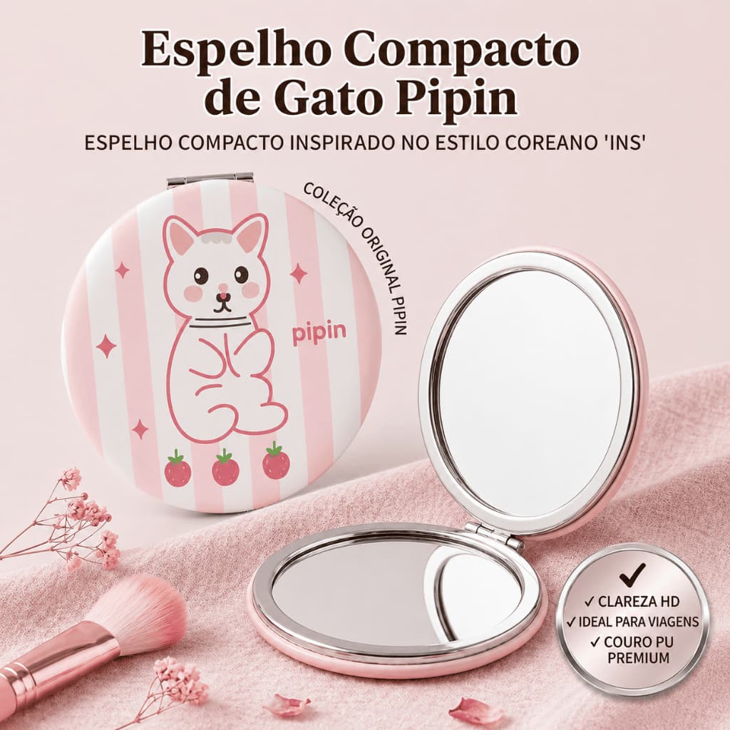 Espelho portátil reforçado alta qualidade capa de gatinho dupla face lado de aumento