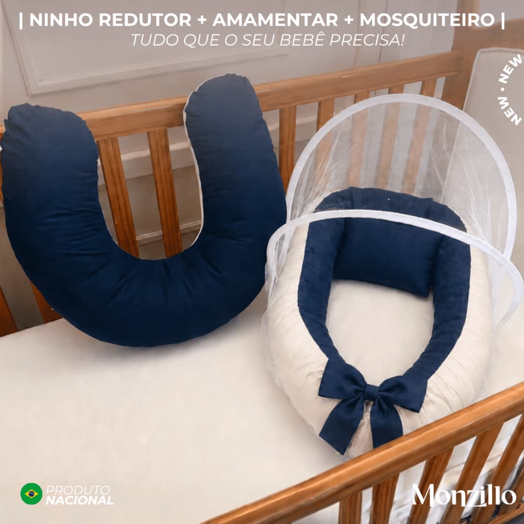 Ninho Bebê Redutor de Berço + Almofada Amamentação + Mosquiteiro Branco Kit Completo