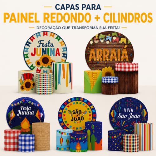Kit Junino Capas Cilindro e Painel Tema São João Tecido Sublimado Festa Junina Enfeite Decoração