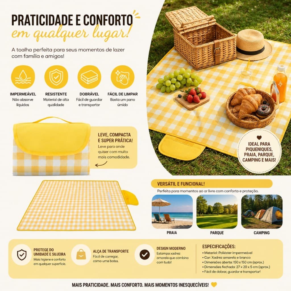 Toalha de Piquenique Dobrável Impermeável c Alça Portátil Grande Dobrável Praia Camping Acampamento