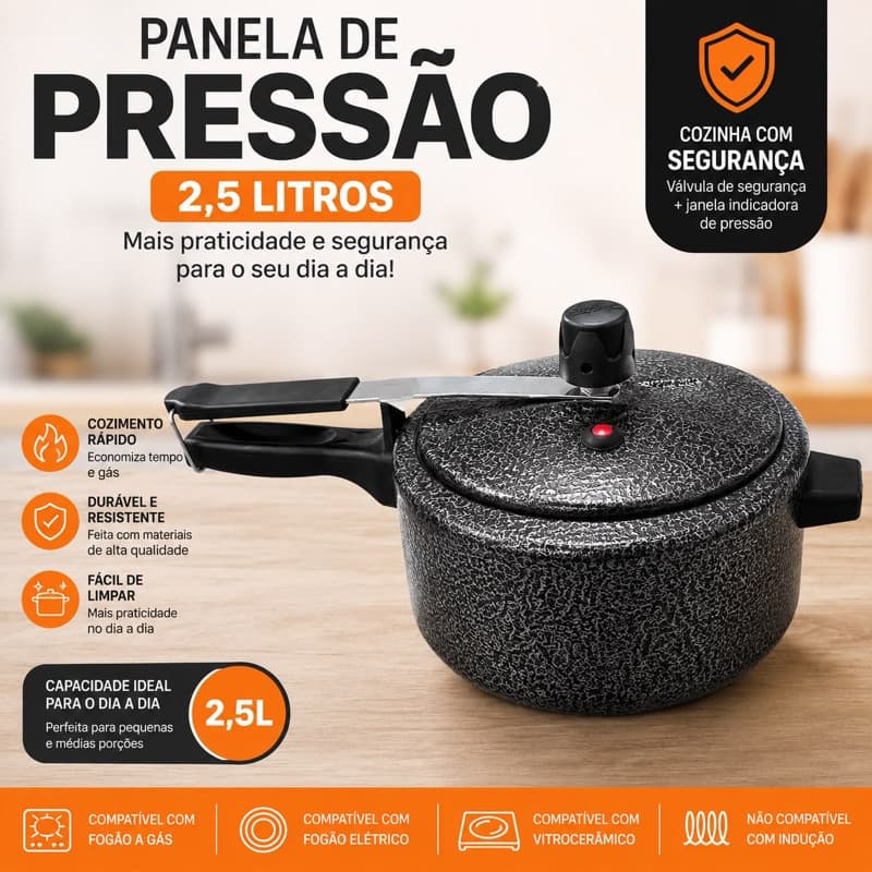 Panela de Pressão 2,5 Litros e meio Craquelada Preta Alumínio Resistente Trava de Segurança
