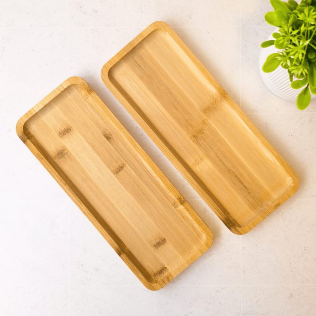 Kit com 2 Bandejas Bambu Hire  Retangular Premium Natural Petisqueira Multiuso Organização Decoração