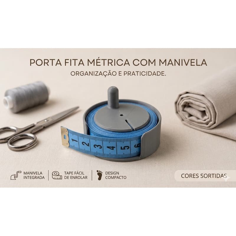 Porta Fita Métrica de Costura com Manivela FITA INCLUSA| Organizador de Fita Métrica | Carretel 3D Cores Sortidas