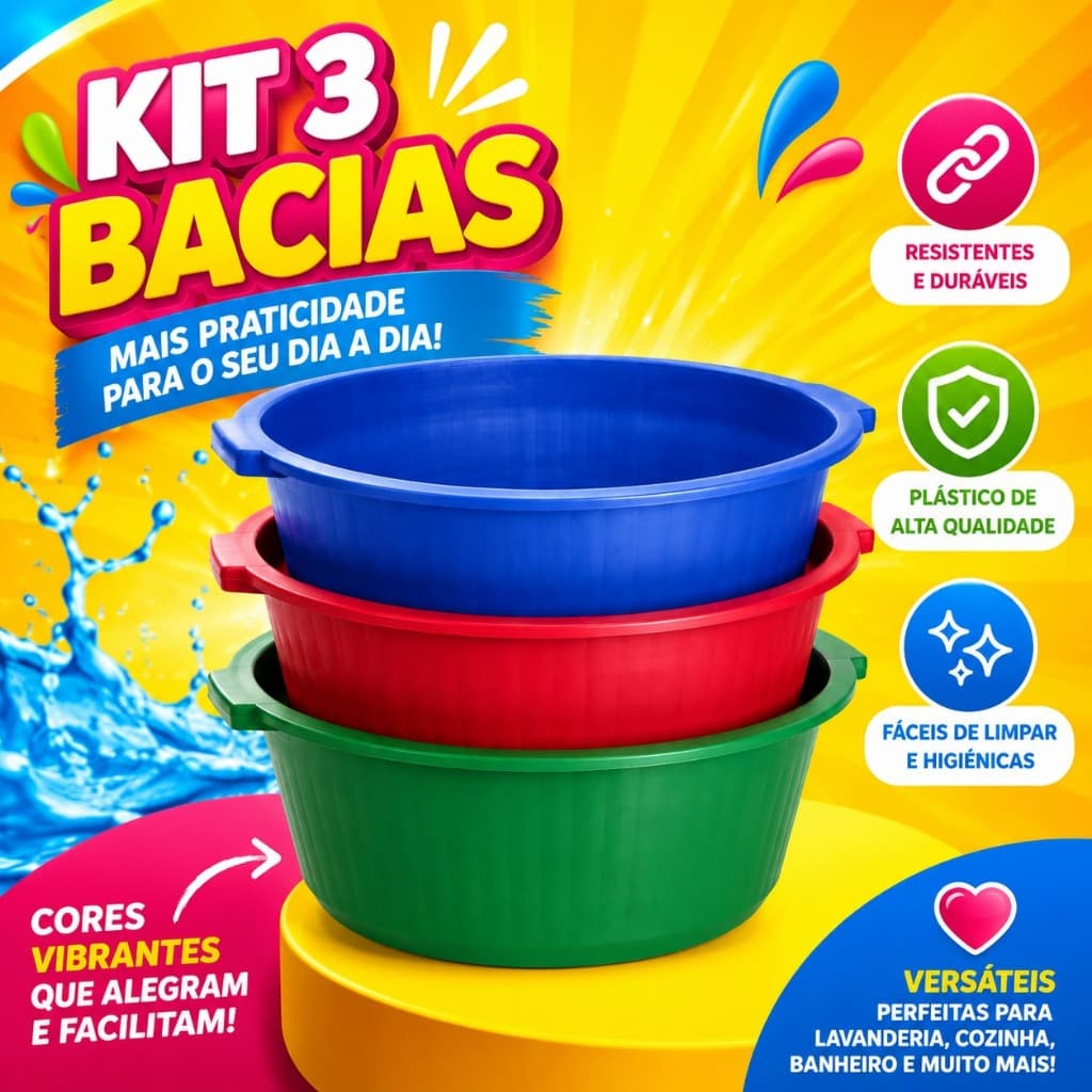 Bacia 30 Litros Canelada Plástica Com Alça Balde Grande Lavanderia Roupa Banheira Reforçada Colorida
