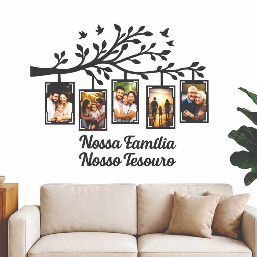 Quadro Decorativo Nossa Família em MDF 10x15– Árvore com Molduras para 5 Fotos