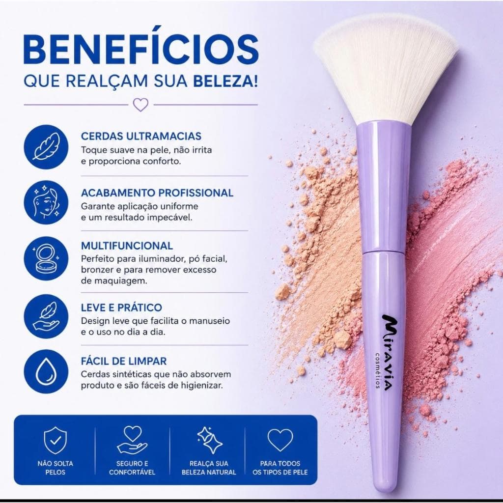 Pincel Leque Maquiagem Miravia Cerdas Sintéticas Macias Para Iluminador Blush Pó Facial