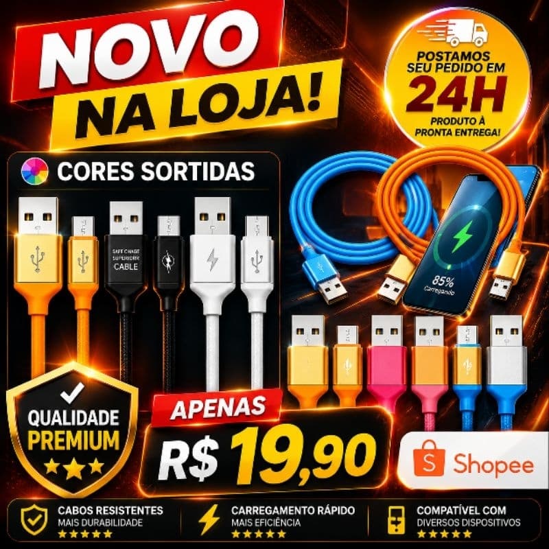 Cabo USB Tipo C 1,20m Carregamento Rápido para Android – Cores Sortidas – Envio em 24h