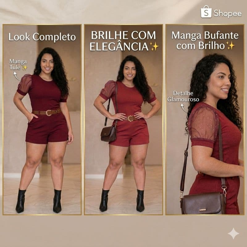 Conjunto feminino manga bufante com brilho tecido com elastano,short+blusa comprimento médio cor vermelho vestindo P,M